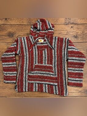 Earth Ragz Unisex Large Baja Hoodie Red Black Cream Woven Pullover Kangaroo